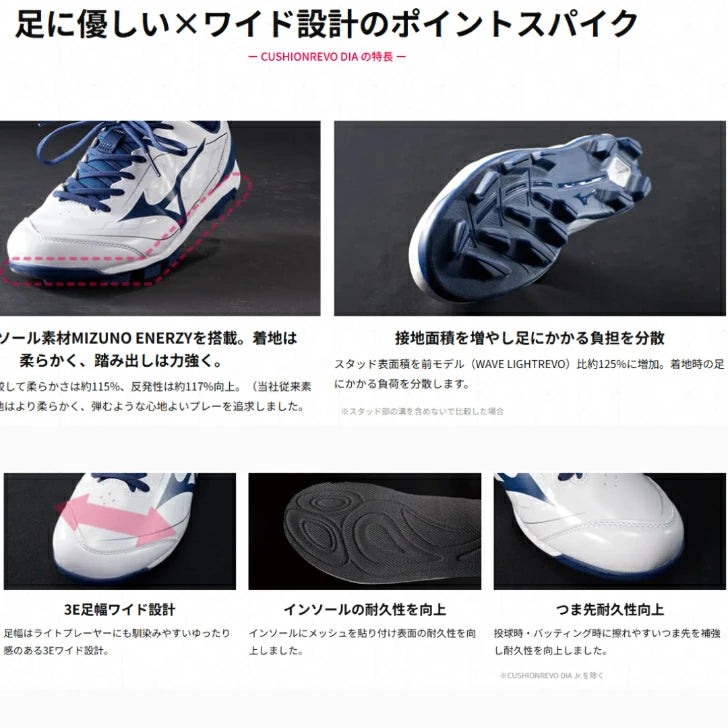 ミズノ クッションレボダイア Jr. 野球 ジュニア ポイントスパイク ゴム紐+ベルト 幅広 3E 19~24cm 軽量 子ども用 練習用 11gp2527