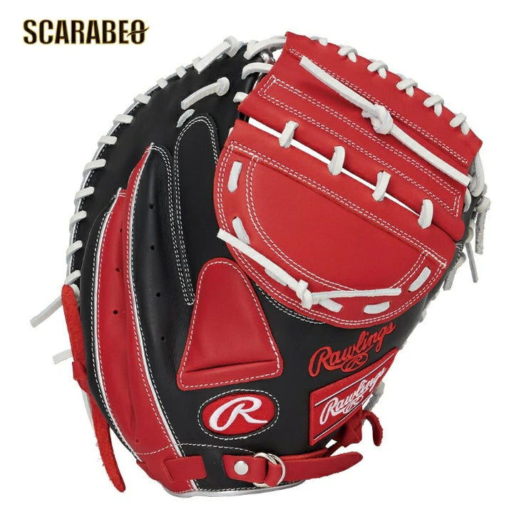 ソフトボール キャッチャーミット 男子用 捕手用 ローリングス Rawlings HYPERTECH カラーズ GS5FHTC23F 34インチ 右投げ 指あて付き ブラック/スカーレット インディゴ/キャメル gs5fhtc23f