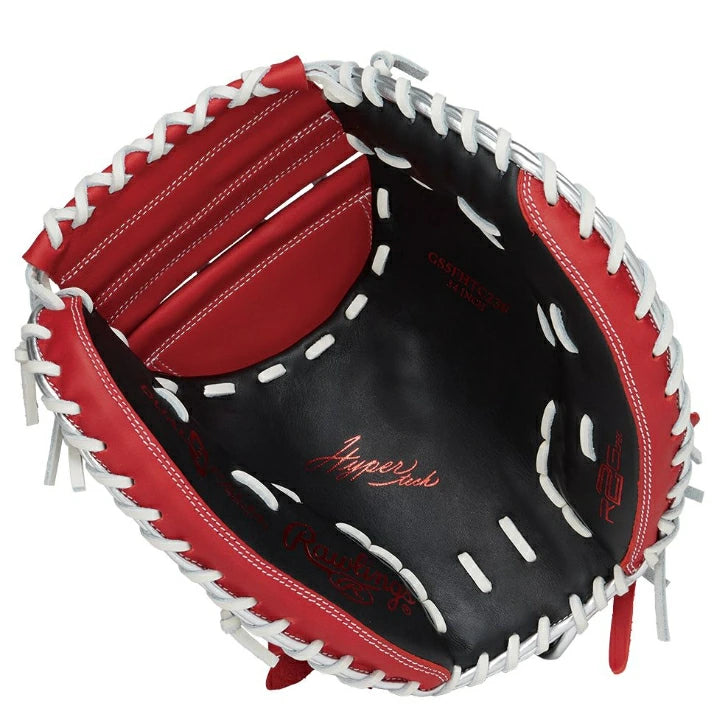 ソフトボール キャッチャーミット 男子用 捕手用 ローリングス Rawlings HYPERTECH カラーズ GS5FHTC23F 34インチ 右投げ 指あて付き ブラック/スカーレット インディゴ/キャメル gs5fhtc23f