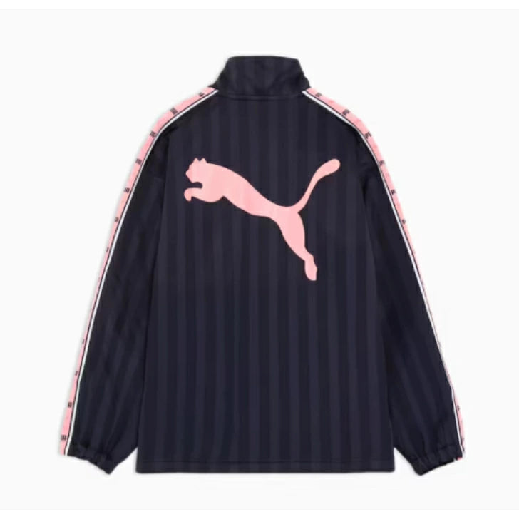 プーマ ニットジャケット メンズ PUMA トレーニング シャドウ ストライプ リラックスシルエット ポケット付き 立ち襟 セットアップ対応 527755 New Navy-Geranium Pink 527754-71
