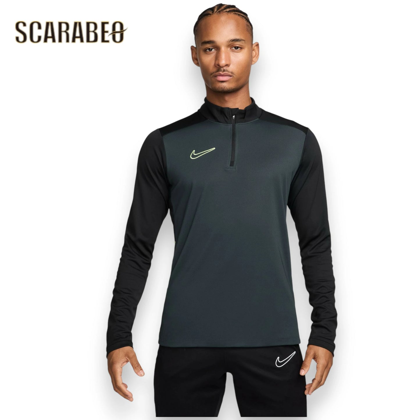 ナイキ NIKE メンズ サッカーウェア ドライフィット アカデミー ドリルトップ HJ3784-390 トレーニングウェア Dri-FIT 吸汗速乾 1/4ジップ スリムフィット サムホール ブラック×グリーン hj3784-390