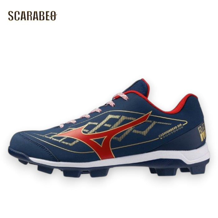 【P加工不可】ミズノ クッションレボダイア ポイントスパイク 3E ワイド 野球スパイク MIZUNO メンズ レディース 初心者用 ネイビー×レッド×ゴールド 11gp262029