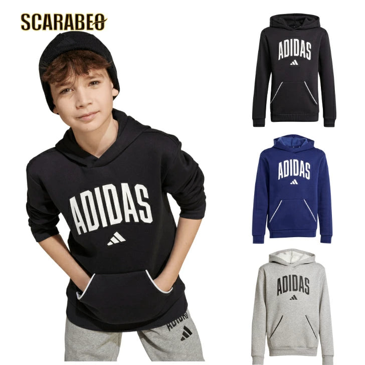 アディダス ジュニア キッズ パーカー 裏起毛 フリース プルオーバー カンガルーポケット 2025秋冬 グレー ブラック ダークブルー klh32