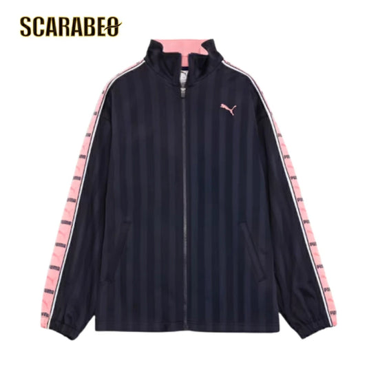 プーマ ニットジャケット メンズ PUMA トレーニング シャドウ ストライプ リラックスシルエット ポケット付き 立ち襟 セットアップ対応 527755 New Navy-Geranium Pink 527754-71