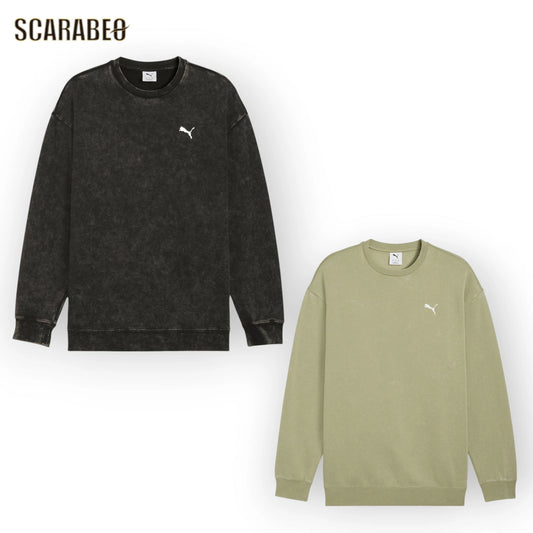 PUMA プーマ メンズ ESS ELEVATED リラックスド ウォッシュ クルースウェット 裏起毛 ブラック リサイクル素材 長袖 フリース カジュアル スポーツウェア デイリーウェア 690921