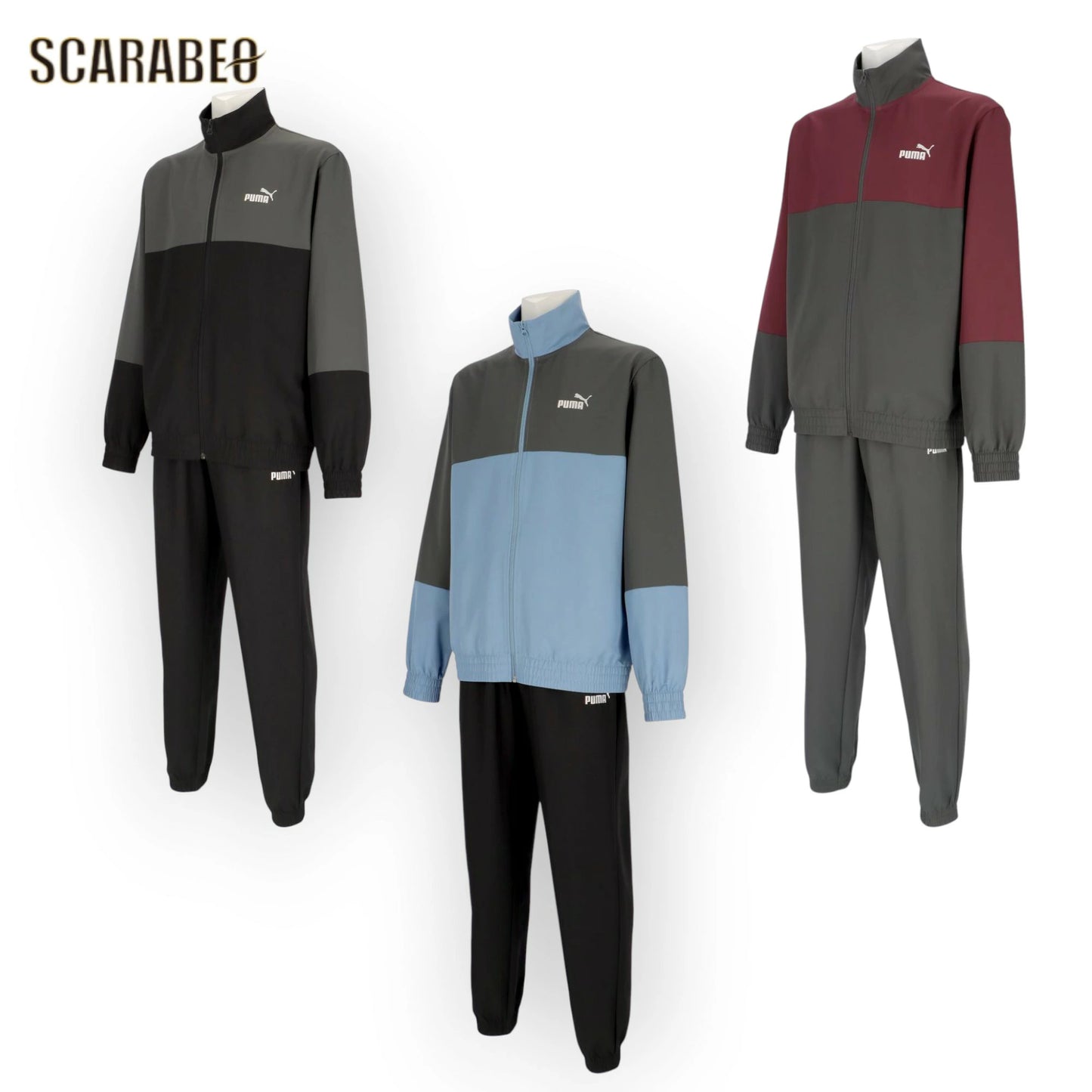 PUMA プーマ メンズ ウーブン カラーブロック トラックスーツ 691019 上下セット スポーツウェア トレーニングウェア ジャージ ポリエステル ポケット付き ブラック ブルー グレー 691019