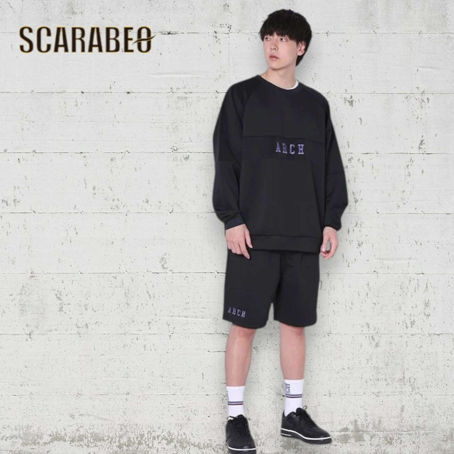 Arch アーチ BB rim ジャージ クルーネック トレーナー ブラック T725-104 バスケウェア ジャージ生地 ゆったり ラグラン メンズ レディース t725-104