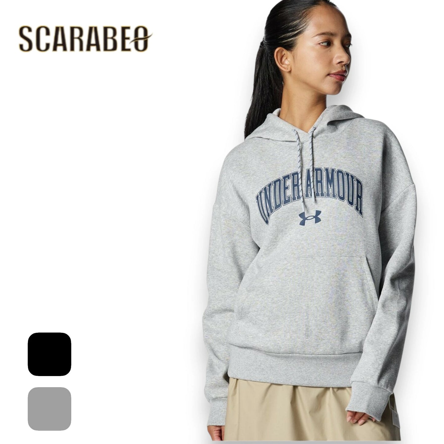 UNDER ARMOUR アンダーアーマー UA ライバル フリース グラフィック プルオーバー フーディー レディース スウェット 裏起毛 6007712 トレーニング 吸汗速乾 防寒 Mod Gray Light Heather/Black 6007712