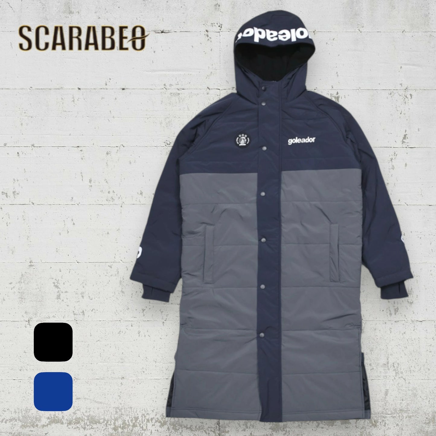 ゴレアドール 中綿 バイカラー ロングベンチコート 防寒コート ロングコート メンズ レディース ユニセックス フリース裏地 スリット付き サッカー フットサル 観戦 防寒着 g-2520 91ブラック 3681ディープブルー×グレー g-2520