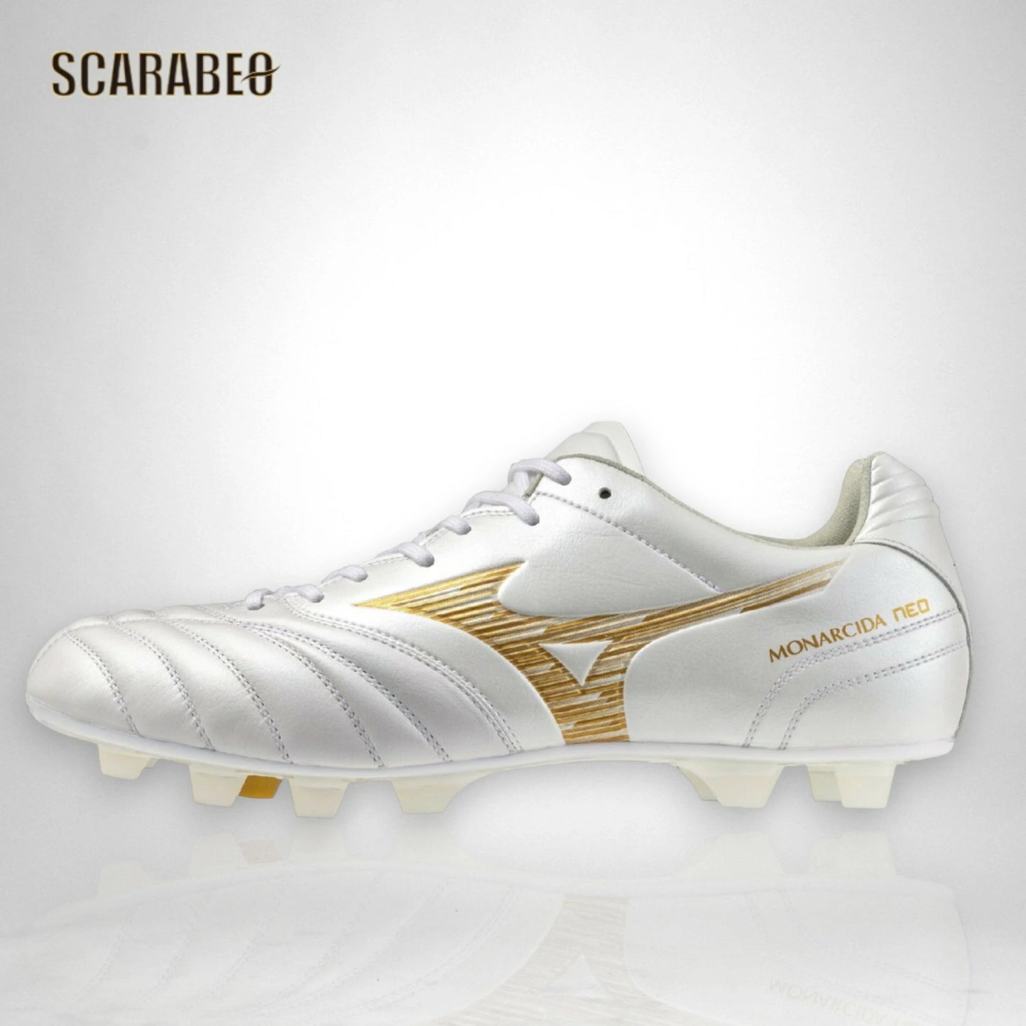 【予約販売】ミズノ MIZUNO モナルシーダNEO III WIDE ELITE サッカースパイク ユニセックス ワイドフィット 天然皮革 マイクロファイバー 軽量 柔軟 素足感覚 ゼログライドインソール ホワイト×ゴールド p1ga262150