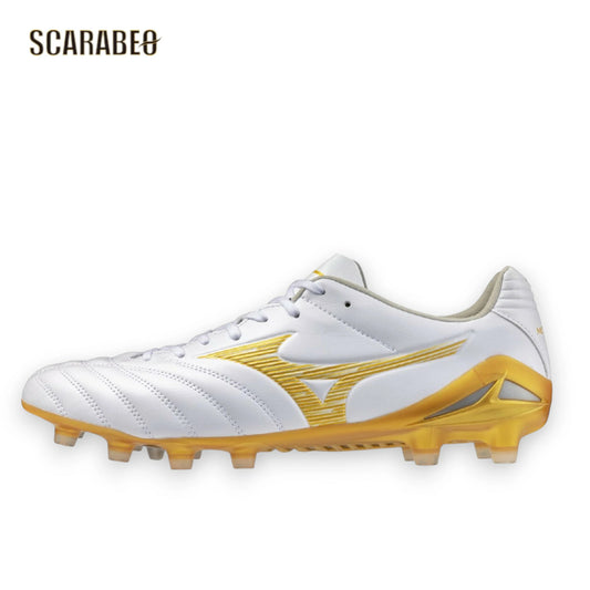 【予約販売】ミズノ MIZUNO モナルシーダNEO III PRO サッカースパイク ユニセックス マイクロファイバー 軽量 柔軟 素足感覚 ゼログライドライトインソール 固定式 ホワイト×ゴールド 学生向け p1ga262250