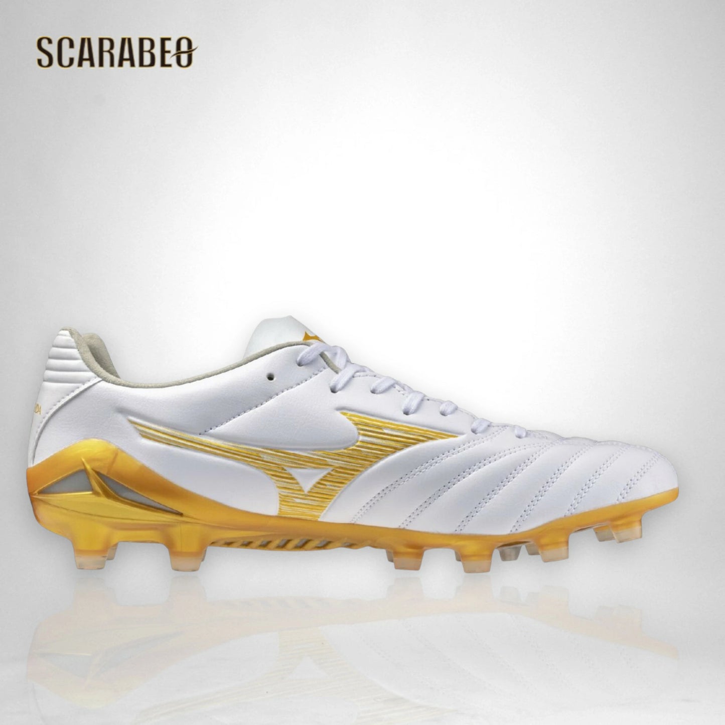 【予約販売】ミズノ MIZUNO モナルシーダNEO III PRO サッカースパイク ユニセックス マイクロファイバー 軽量 柔軟 素足感覚 ゼログライドライトインソール 固定式 ホワイト×ゴールド 学生向け p1ga262250