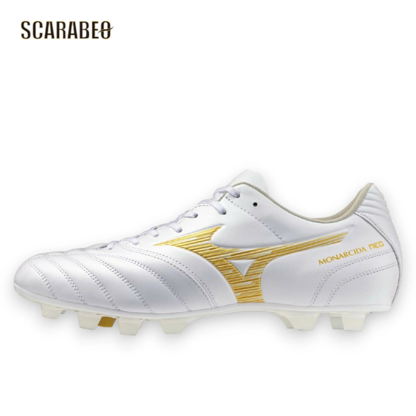 【予約販売】ミズノ MIZUNO モナルシーダNEO III WIDE PRO サッカースパイク ユニセックス ワイドフィット 3E幅対応 天然皮革 マイクロファイバー 軽量 素足感覚 ゼログライドライトインソール 固定式 ホワイト×ゴールド p1ga262350