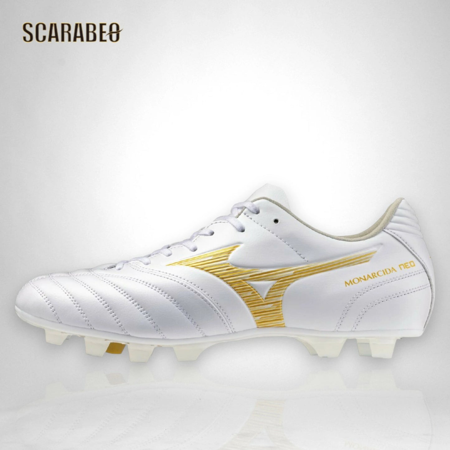 【予約販売】ミズノ MIZUNO モナルシーダNEO III WIDE PRO サッカースパイク ユニセックス ワイドフィット 3E幅対応 天然皮革 マイクロファイバー 軽量 素足感覚 ゼログライドライトインソール 固定式 ホワイト×ゴールド p1ga262350