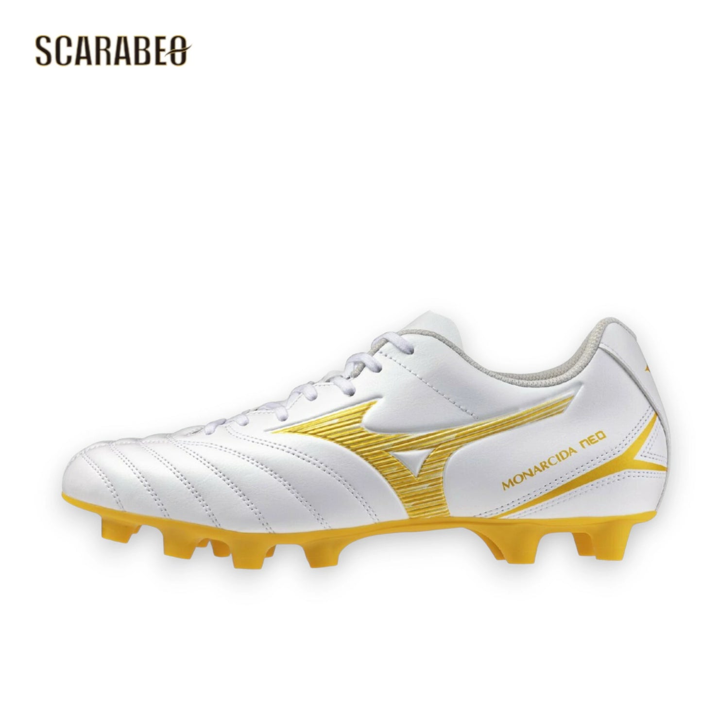 ミズノ MIZUNO モナルシーダNEO III SELECT サッカースパイク ユニセックス 3E ワイドフィット ゼログライドライトインソール 軽量 柔軟 エントリーモデル 固定式 天然芝 土 人工芝対応 ホワイト×ゴールド p1ga262550