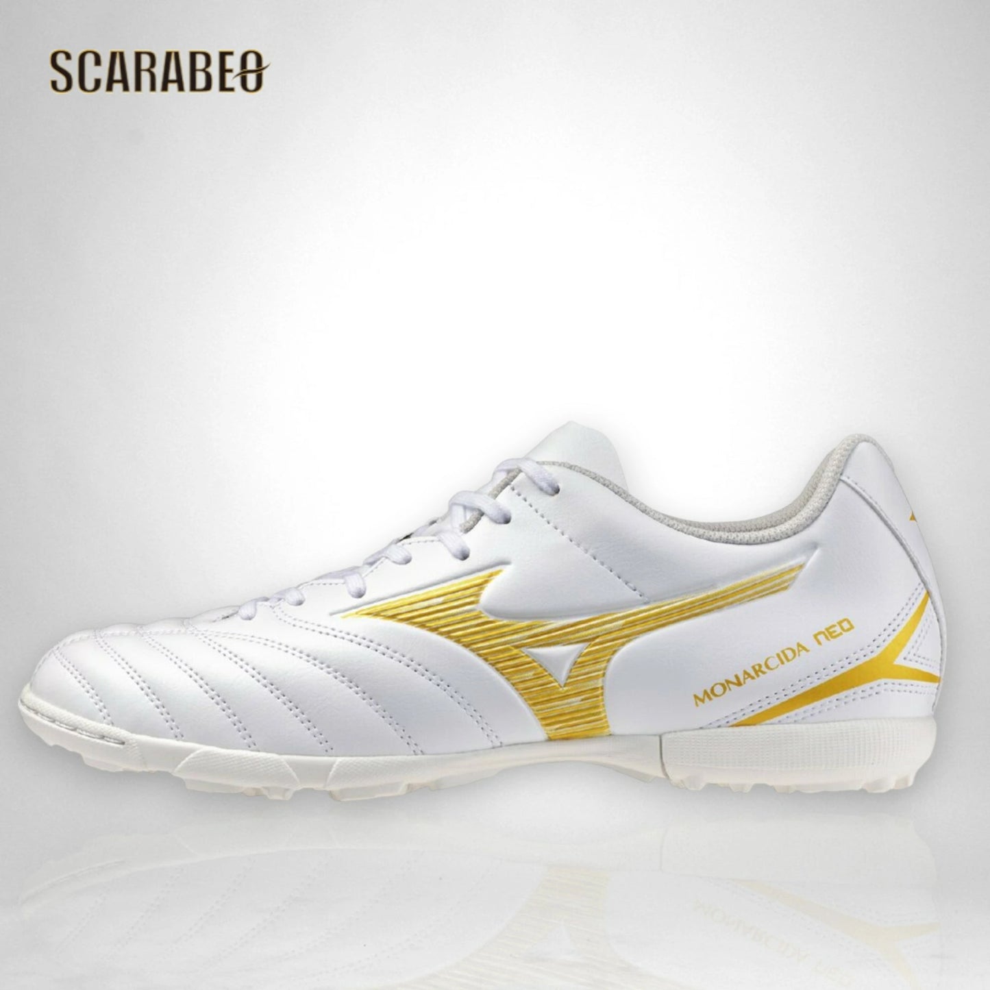 【予約販売】ミズノ MIZUNO モナルシーダNEO III SELECT AS トレーニングシューズ ユニセックス 3E ワイドフィット フットサル サッカー ホワイト×ゴールド 軽量 ゼログライド 人工皮革 ゴム底 p1gd262550