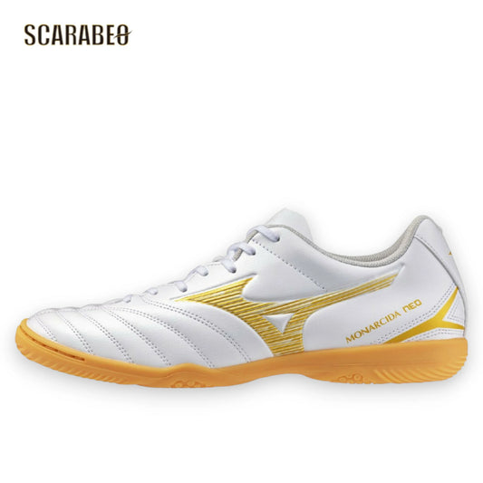 【予約販売】ミズノ MIZUNO モナルシーダ NEO III SELECT IN ホワイト×ゴールド フットサルシューズ インドア 屋内 ワイドフィット ゼログライドライト 3E エントリーモデル p1gf262550