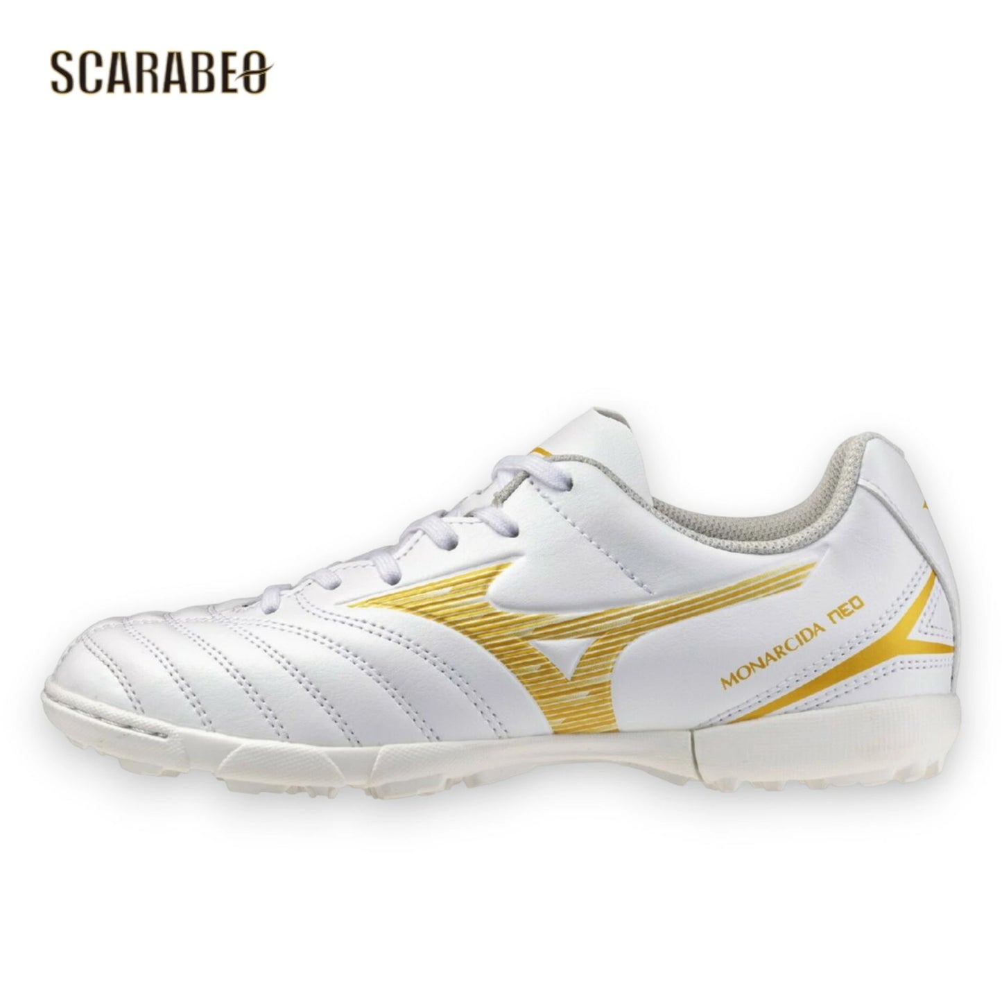 【予約販売】ミズノ モナルシーダ NEO III SELECT Jr AS ホワイト×ゴールド ジュニア サッカー フットボール トレーニングシューズ 人工皮革 ワイドフィット 3E p1ge262550