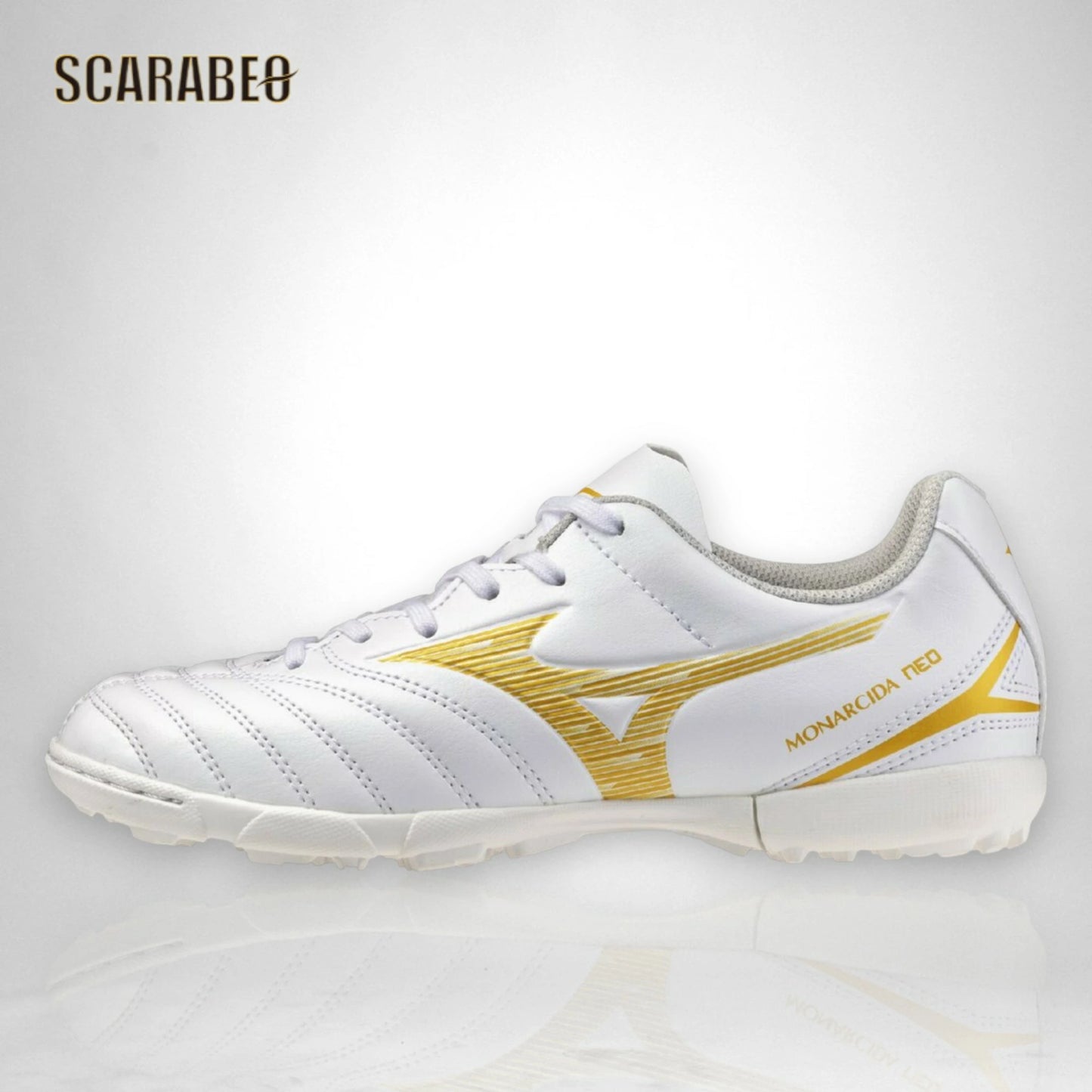 【予約販売】ミズノ モナルシーダ NEO III SELECT Jr AS ホワイト×ゴールド ジュニア サッカー フットボール トレーニングシューズ 人工皮革 ワイドフィット 3E p1ge262550