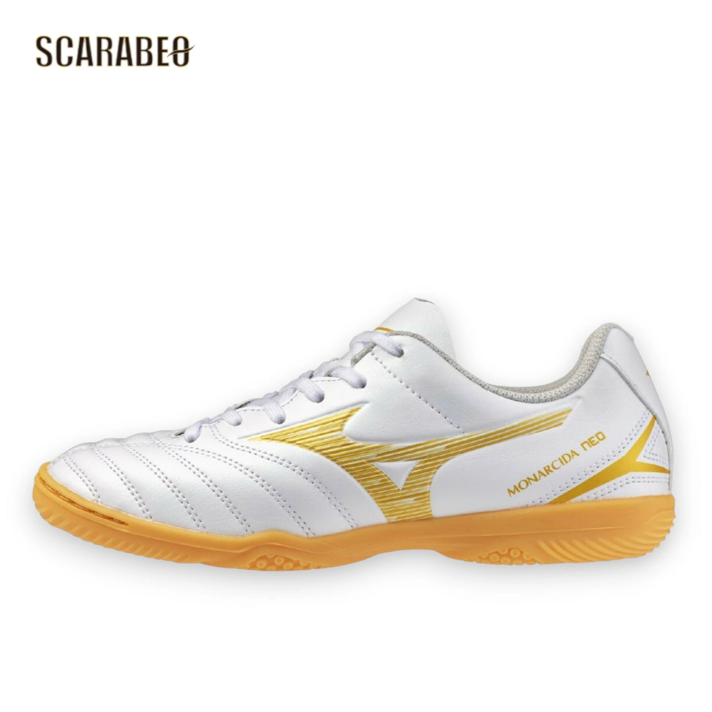 【予約販売】ミズノ モナルシーダ NEO III SELECT Jr IN ホワイト×ゴールド ジュニア フットサルシューズ インドア コート用 人工皮革 ワイドフィット 3E p1gg262550