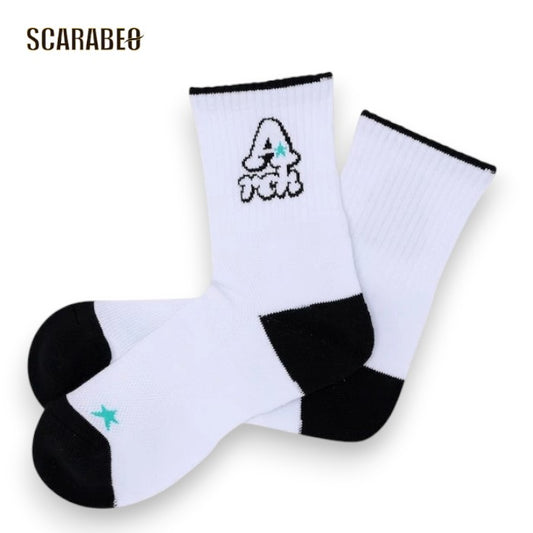 Arch playful logo crew socks【white/black】アーチ バスケ ソックス クルーソックス デオドラント加工 ドラロン綿 コンプレッション a325-109