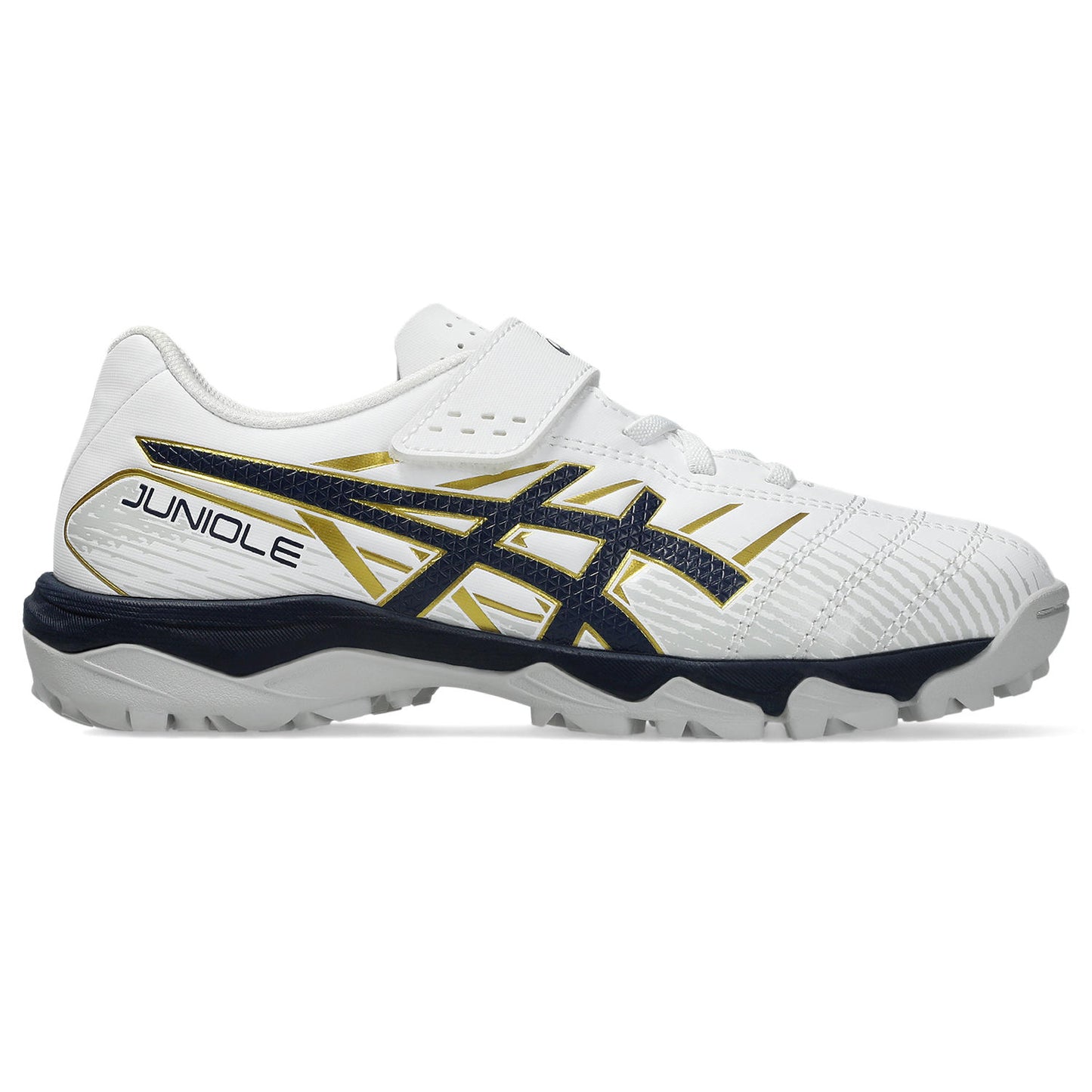 アシックス JUNIOLE 7 TF WHITE MIDNIGHT 103 ASICS ジュニア トレーニングシューズ サッカー キッズ ターフシューズ ベルトタイプ 土 人工芝 1104a056-103