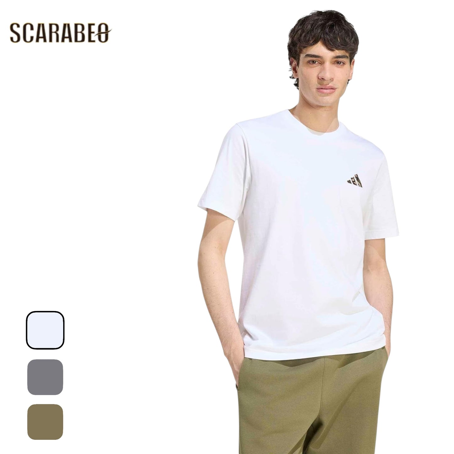 アディダス カモ EMB LG T メンズ MLW68 半袖 Tシャツ 綿100% レギュラーフィット 刺しゅうロゴ オリーブ ダークグレー ホワイト adidas mlw68