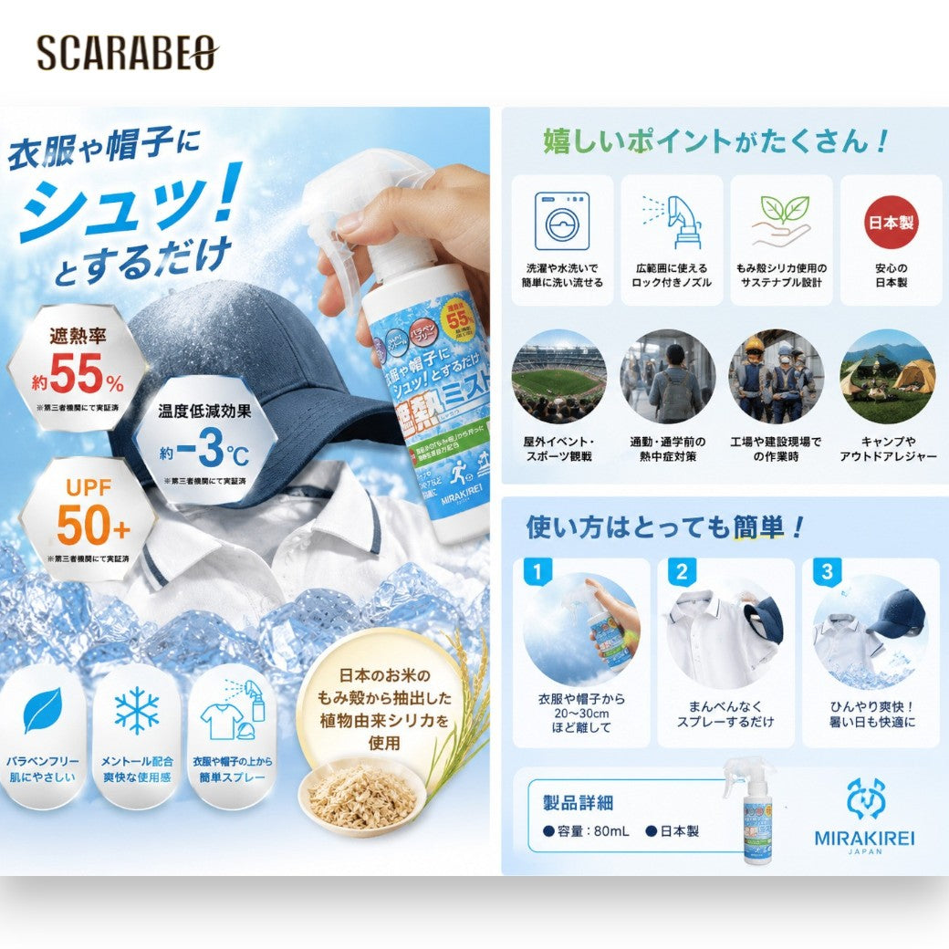 遮熱ミスト スプレー 80ml 暑さ対策 熱中症対策 冷感スプレー 衣類用 UPF50+ 遮熱率55% マイナス約3℃ スポーツ アウトドア 野球 サッカー ゴルフ キャンプ 通勤 通学 もみ殻シリカ 日本製 SPH004 sph004