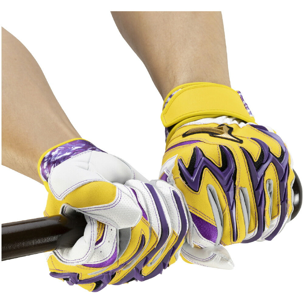 ミズノMIZUNOミズノプロシリコンパワーアークDIバッティンググローブ両手用野球バッティング手袋羊革イエローパープル1ejea57645