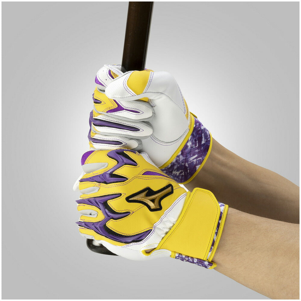 ミズノMIZUNOミズノプロシリコンパワーアークDIバッティンググローブ両手用野球バッティング手袋羊革イエローパープル1ejea57645