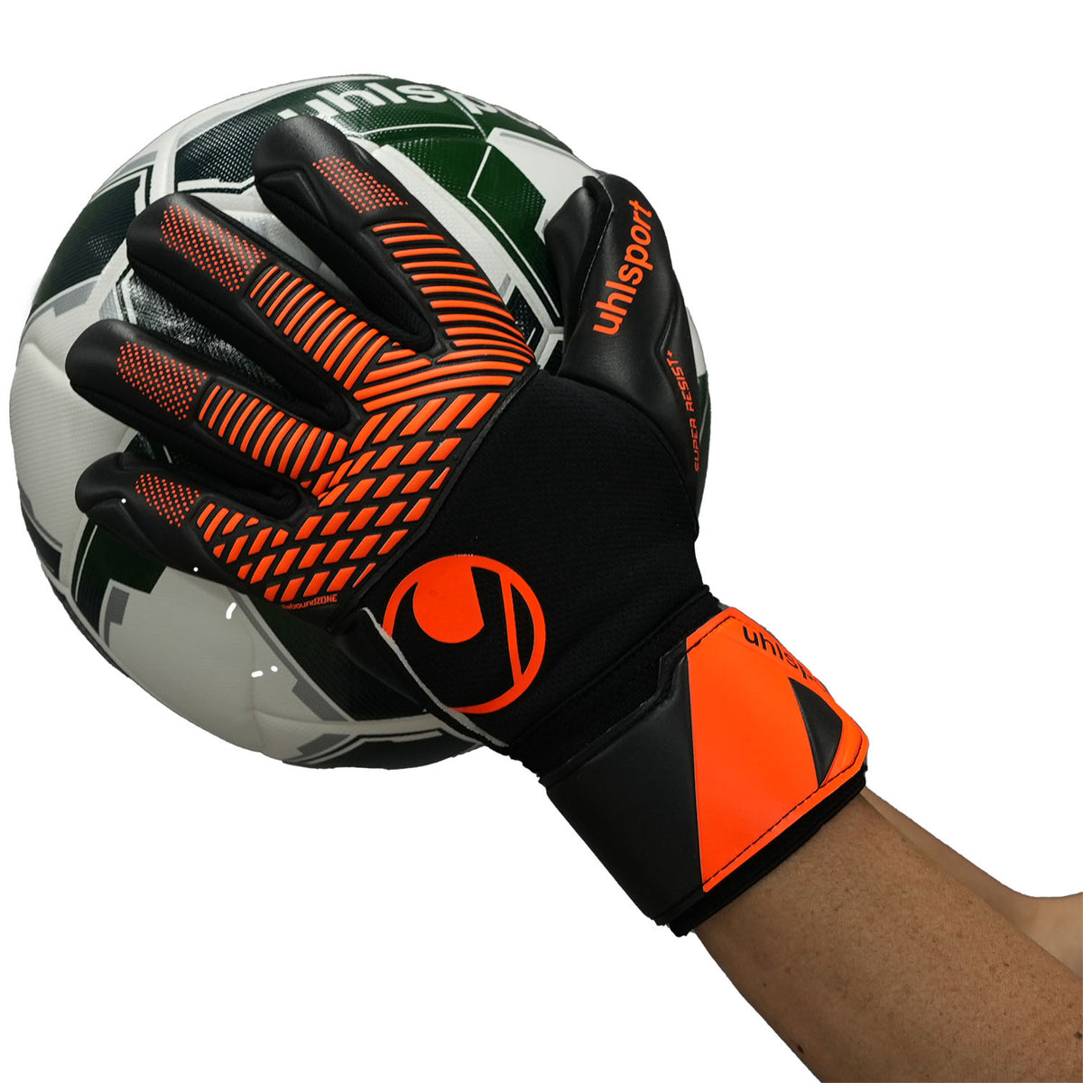 ウールシュポルトuhlsportファングマシーネスーパーレジスト+ハーフネガティブゴールキーパーグローブGKグローブ高耐久ブラックオレンジ1011424