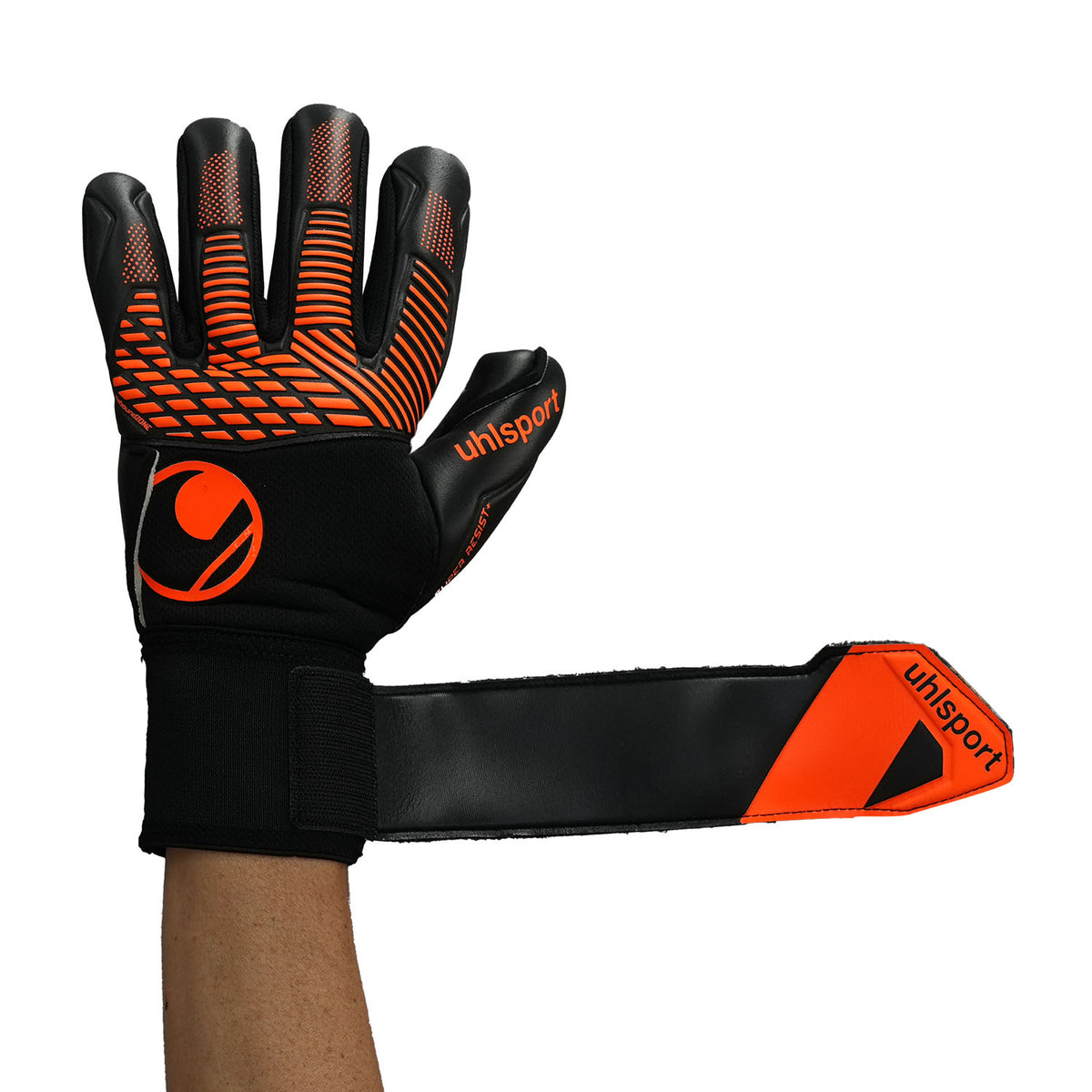 ウールシュポルトuhlsportファングマシーネスーパーレジスト+ハーフネガティブゴールキーパーグローブGKグローブ高耐久ブラックオレンジ1011424